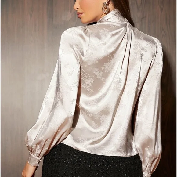 Classy Elegant Floral Jacquard Long Sleeve Tie Neck Satin Blouse Top Shirt - Picture 3 of 6